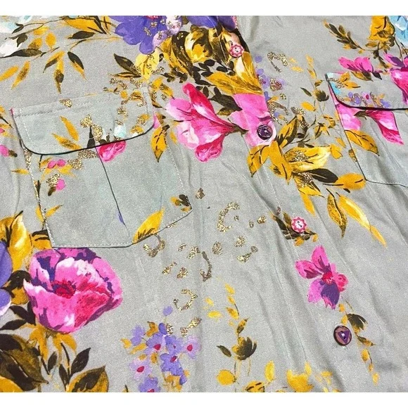 Aratta Silent Journey Floral Button Down Sage Green Tunic Fringe Boho Top Large - Picture 7 of 10